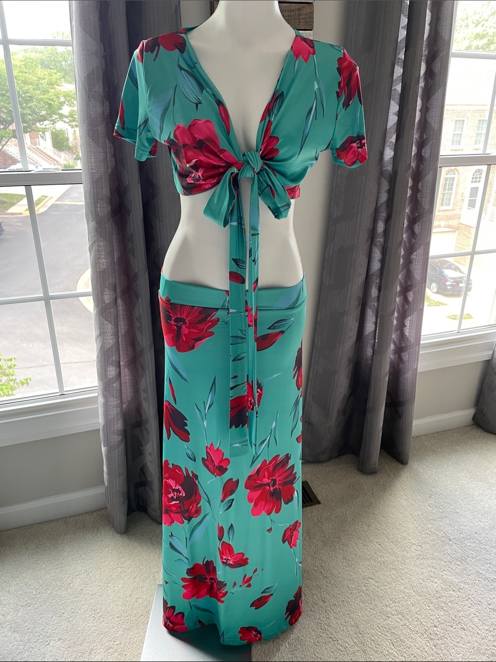 Turquoise Floral Two-Piece Tie-Front Maxi Set